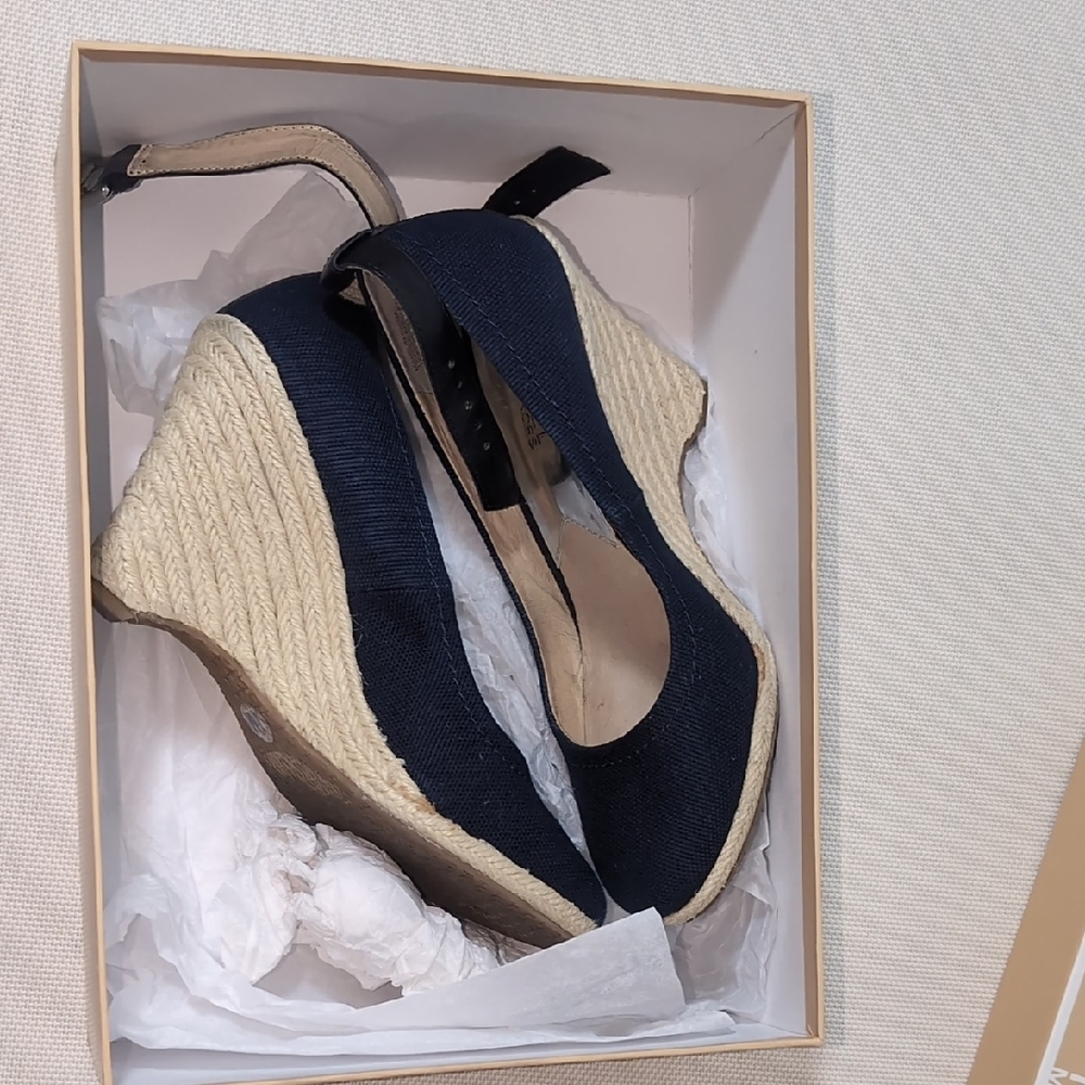Michael Kors Meg Wedge Navy Canvas Espadrille Sandals Size 7 - Picture 8 of 8